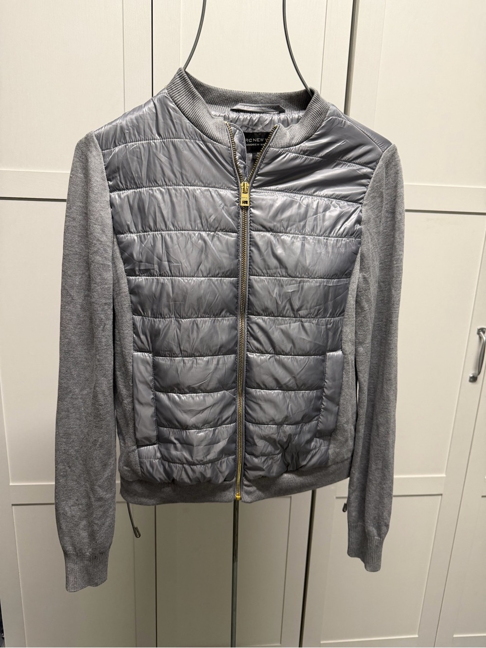 Marc New York Gray Quilted Front Bomber Jacket with Knit Sleeves